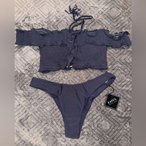ZAFUL Medium Shirred Lace up Bardot Bikini Set in Slate Grey
